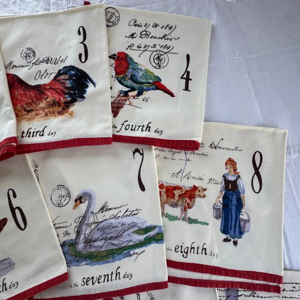 Williams Sonoma 12 Days of Christmas Cotton Napkins Set of 12 Red White RARE